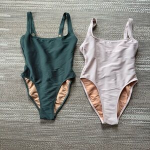 J. Crew Pink and green Swimsuit size 0 lot of 2 one piece ribbed square neck